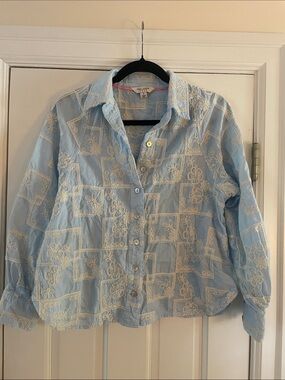 Tru Luxe Embroidered Cotton Button Front Shirt Blue White Cottagecore Boho Small